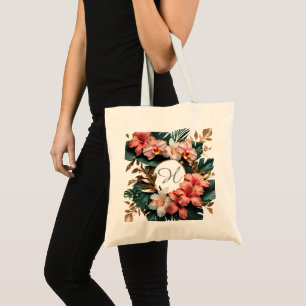 Tote Bolsa de Lona com Monograma Floral Tropical Elegan