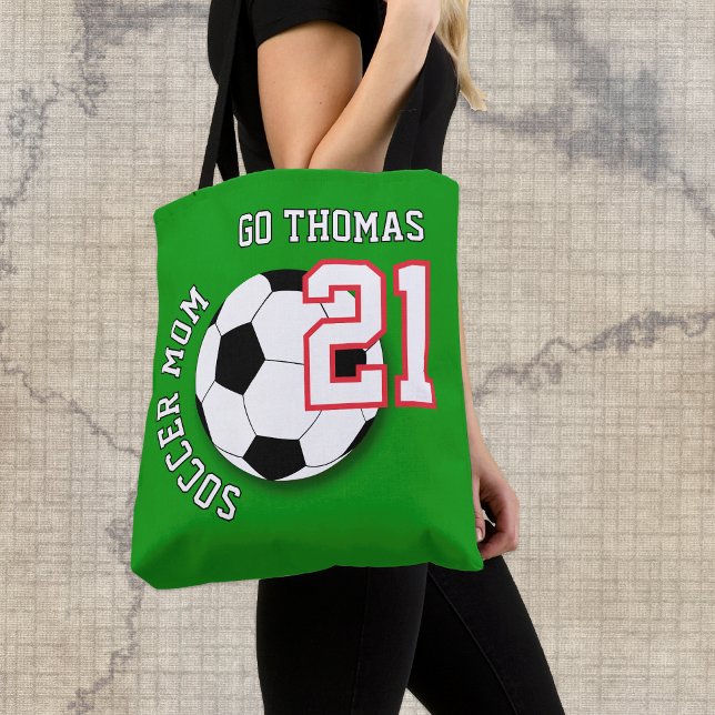 Tote Bolsa de Mãe de Futebol, Nome, Fã de Futebol, Espo (Soccer Mom Tote Bag / custom name, number)