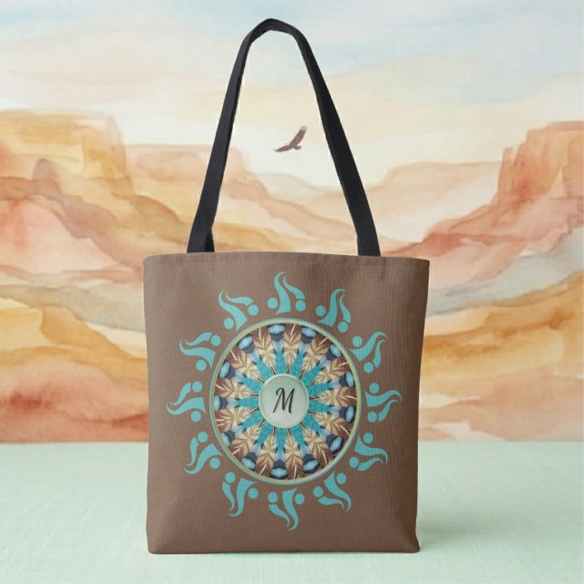 Tote Bolsa de Mandala Sun Turquoise, castanha, azul e t (Criador carregado)