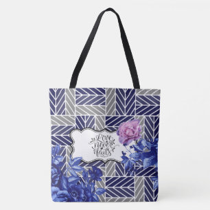 Tote Bolsa de Moda Floral Geométrica Azul/Cinza