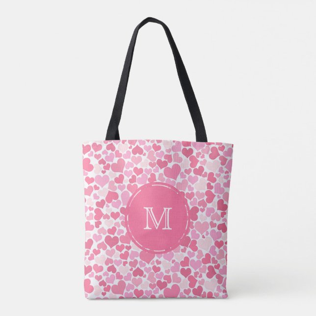 Tote Bolsa de Monograma de Padrão de Coração Rosa (Verso)