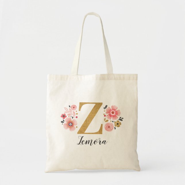 Tote Bolsa de Monograma Floral em Pink Gold com Letra " (Frente)