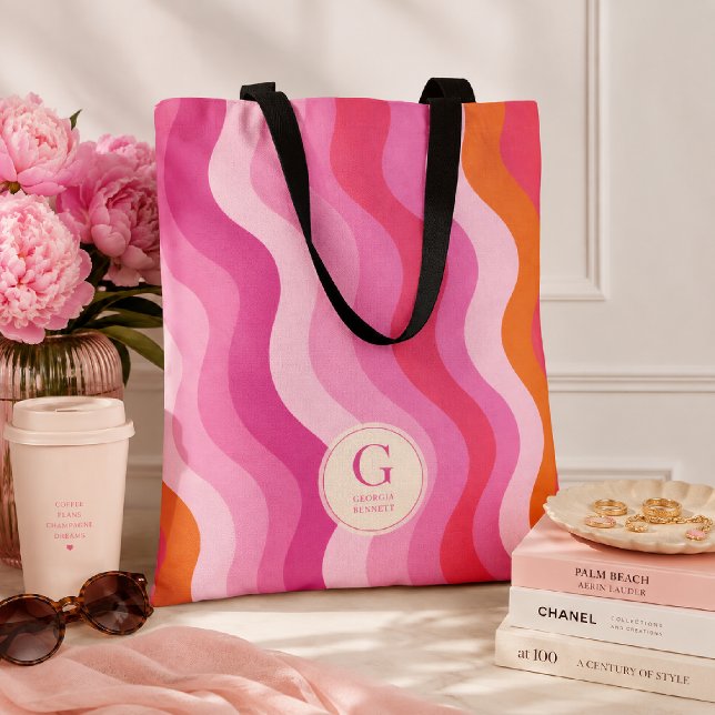 Tote Bolsa de Monograma Personalizada com Ondas Laranja (Criador carregado)