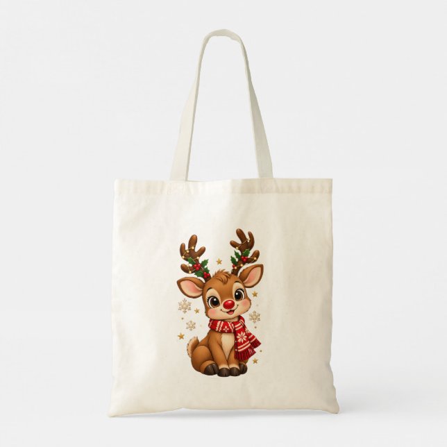 Tote Bolsa de Natal Adorável com Rena Bebê e Cachecol V (Verso)