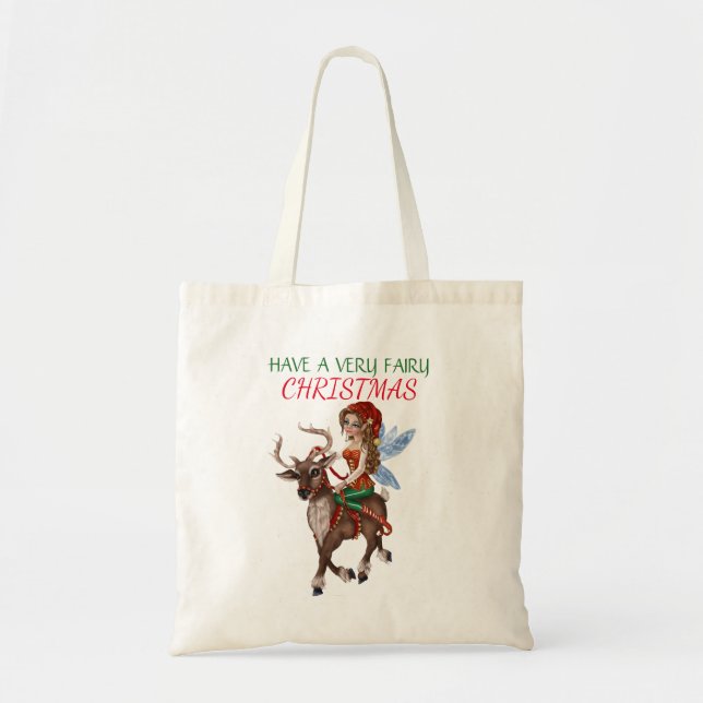 Tote Bolsa de Natal com Reindeer e Fada (Frente)