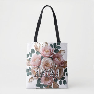 Tote Bolsa de ombro com monograma floral em rosa dourad