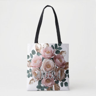 Tote Bolsa de ombro com monograma floral em rosa dourad