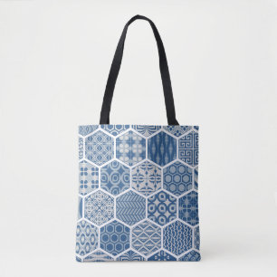 Tote Bolsa de padrão hexagonal em azul e Cinza
