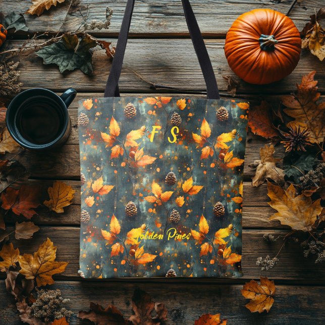 Tote Bolsa de pinos ouro com Folha de outono e Pinecone (Criador carregado)