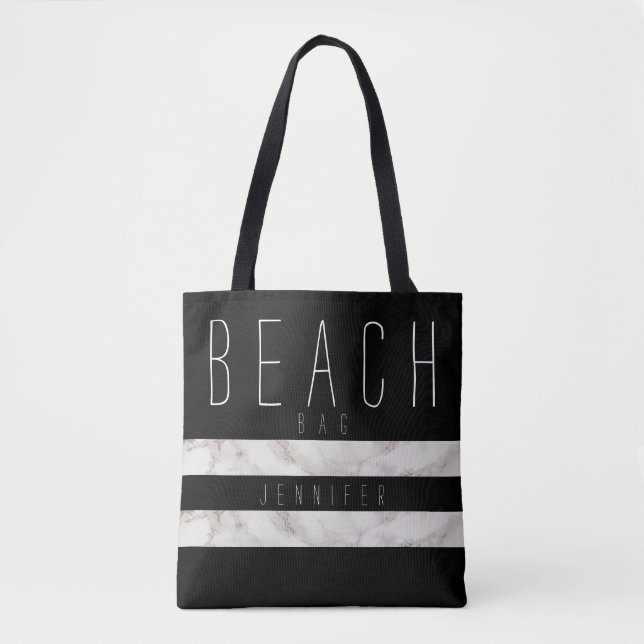 Tote Bolsa de praia preta e mármore com nome (Frente)