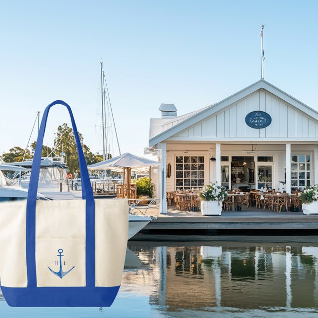 Tote Bolsa de Trim de Contraste Monograma com Âncora de (blue boat anchor monogrammed contrast trim tote bag)