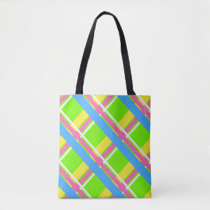 Tote Bolsa de xadrez verde-claro, rosa, amarela e azul