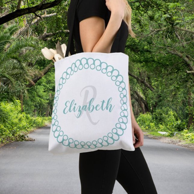 Tote Bolsa do Círculo Decorativo Teal Personalizar Mono (Teal Decorative Circle Personalize Monogram Tote Bag)