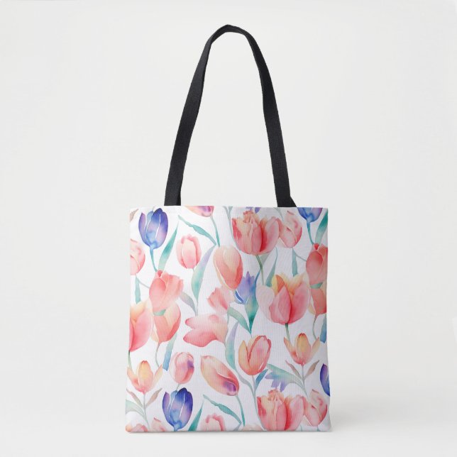 Tote Bolsa do Ombro do Padrão de Tulipas de Aquarela (Frente)