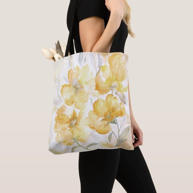 Tote Bolsa do ombro floral amarelo com Impressão (Close Up)