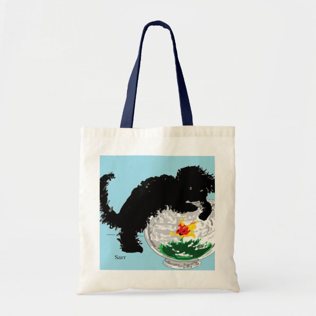 Tote Bolsa do orçamento: Gato com tigela de peixe (Frente)