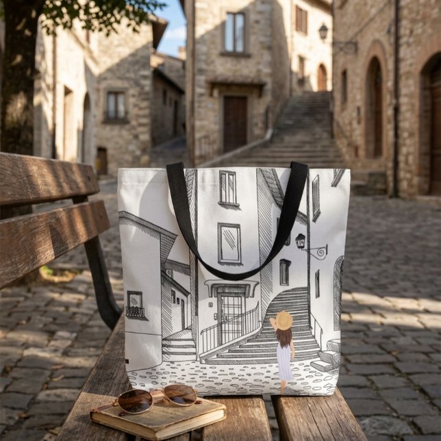 Tote Bolsa Elegante com Cidade Antiga Desenhada à Mão (Criador carregado)
