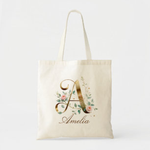 Tote Bolsa Elegante de Floral de Monograma de Ouro Inic