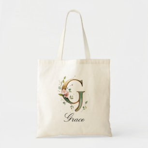Tote Bolsa Elegante de Floral de Ouro com Letra G Monog