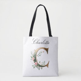 Tote Bolsa Elegante em Estampa Floral Dourada com Letra