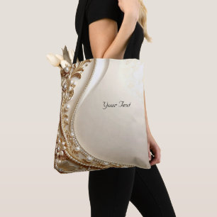 Tote Bolsa Elegante em Ouro com Enfeites Florais