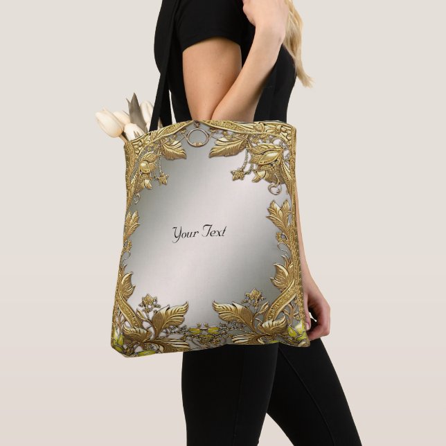 Tote Bolsa Elegante em Ouro com Estampa Floral (Close Up)