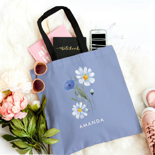 Tote Bolsa Elegante Floral Azul Chic Moderno Estiloso