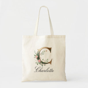 Tote Bolsa Elegante Monograma de Letra C Floral em Dour