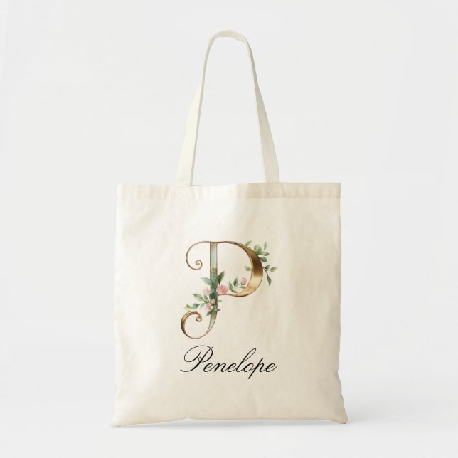 Tote Bolsa Elegante Monograma de Letra P em Ouro com Fl (Frente)