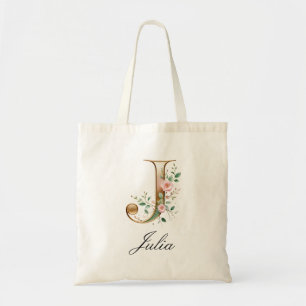 Tote Bolsa Elegante Monograma J em Ouro com Floral