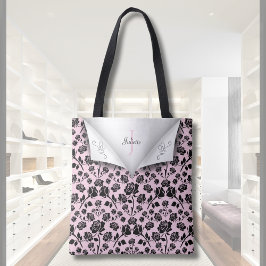 Tote Bolsa Elegante Rosa e Preta com Monograma de Nome 