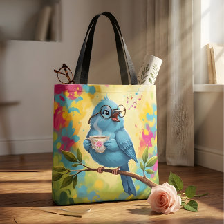 Tote Bolsa Estilosa de Pássaro Azul Cantando Fofa | Caf