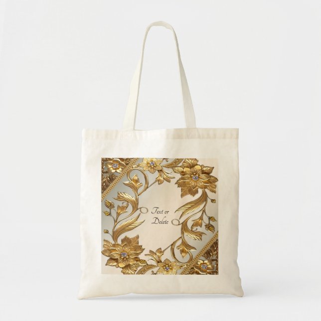 Tote Bolsa Floral de Folhas Onduladas Douradas (Frente)