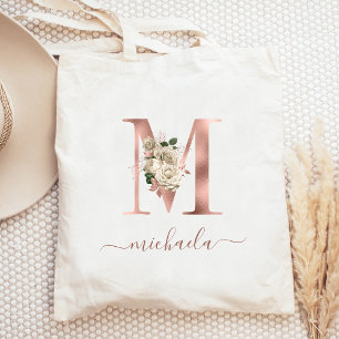 Tote Bolsa Floral Marfim Rosa Dourado Monograma Letra M