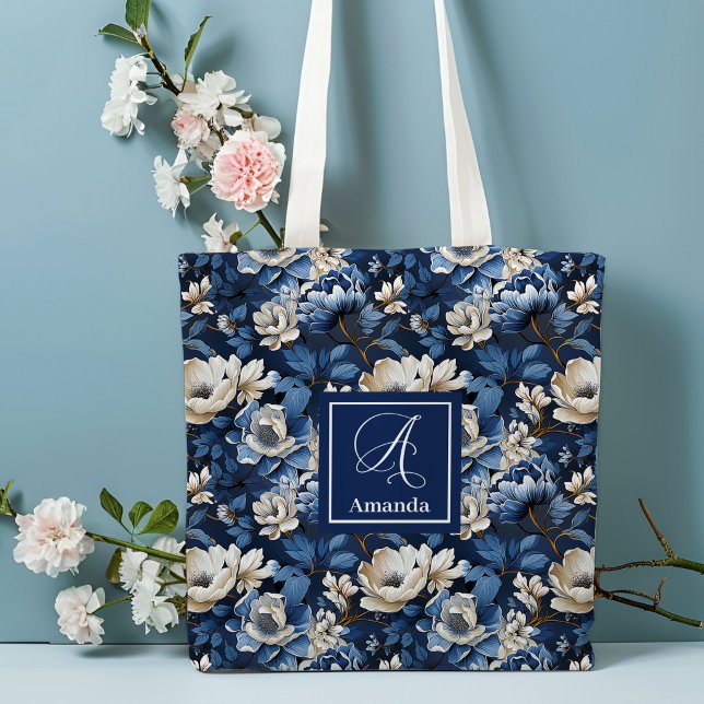 Tote Bolsa Floral Personalizada com Flores Navy Lindas (Beautiful Navy Flowers Personalized Floral Tote Bag)