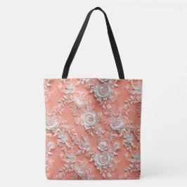 Tote Bolsa Grande de Ombro em Renda Floral Coral Ousada