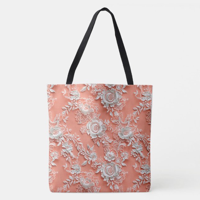 Tote Bolsa Grande de Ombro em Renda Floral Coral Ousada (Frente)