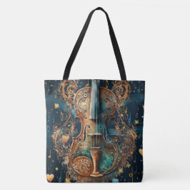 Tote Bolsa Grande de Violino Azul e Dourado Cósmico