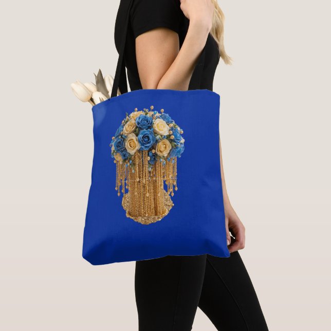 Tote Bolsa Grande Floral Azul Real e Dourado (Close Up)