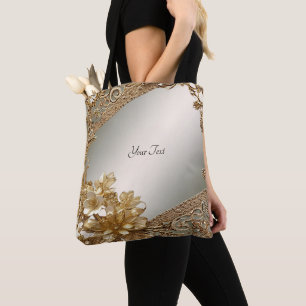 Tote Bolsa Grande Floral Ornata Dourada Moderna