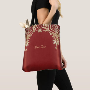 Tote Bolsa Grande Floral Vermelha Dourada Moderna