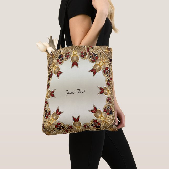 Tote Bolsa Grande Flores Douradas Pedra Vermelha (Close Up)