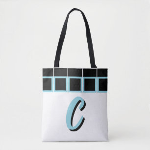Tote Bolsa Grande Monograma Geométrico Preto e Turquesa