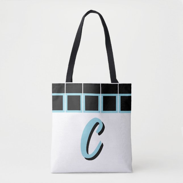 Tote Bolsa Grande Monograma Geométrico Preto e Turquesa (Frente)
