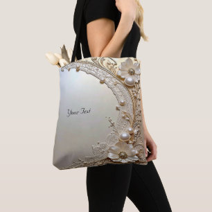 Tote Bolsa Grande Pérolas Flores Brancas Modernas