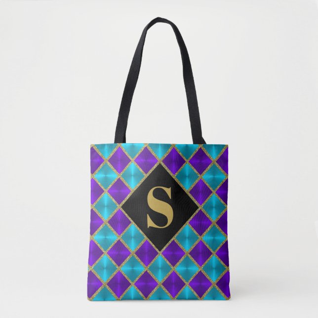 Tote Bolsa Luminosa Dourada Roxo Monograma (Frente)