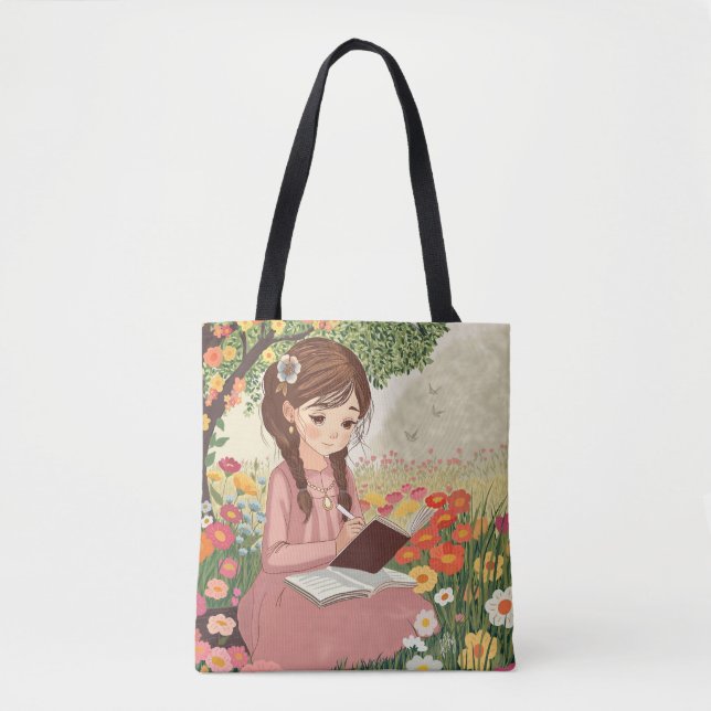 Tote bolsa Menina escrevendo em um campo de flores (Frente)