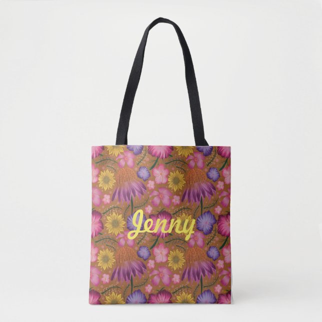 Tote Bolsa Personalizada Amarela de Flores Silvestres (Frente)