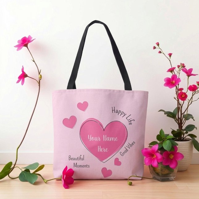 Tote Bolsa Personalizada com Corações Rosa (Fully customizable pink hearts tote bag with editable text)