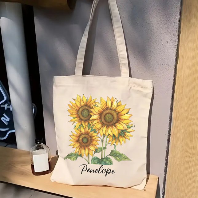 Tote Bolsa Personalizada de Girassol, Presente para Mad (custom name tote bag, bridesmaids gift tote, student tote bag, birthday gift tote, gift for her)